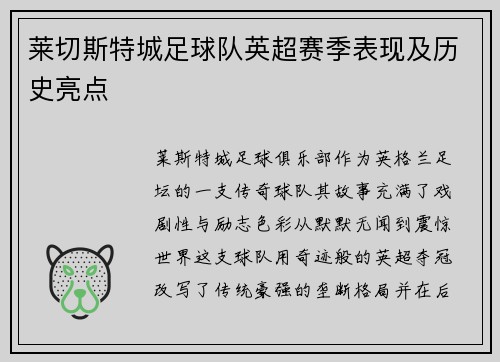莱切斯特城足球队英超赛季表现及历史亮点